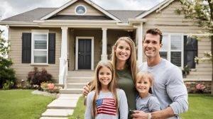 family smiling in front of home