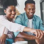 Happy couple looking at computer