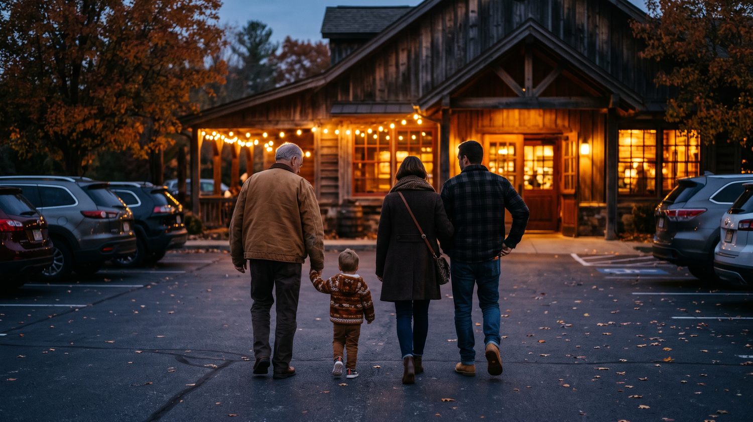 A grandfather holding a small grandchild’s hand as their family walks across a parking lot toward a warmly lit wood-sided steakhouse at dusk in autumn