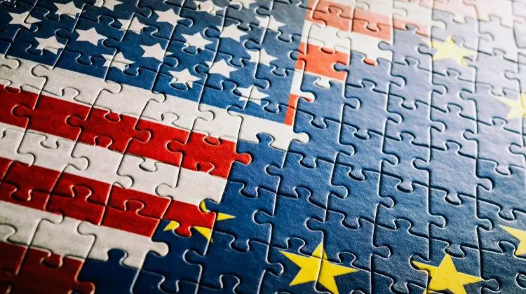 USA flag and European Union flag as a jigsaw puzzle