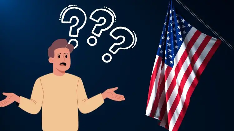 cartoon of confused man next to American flag