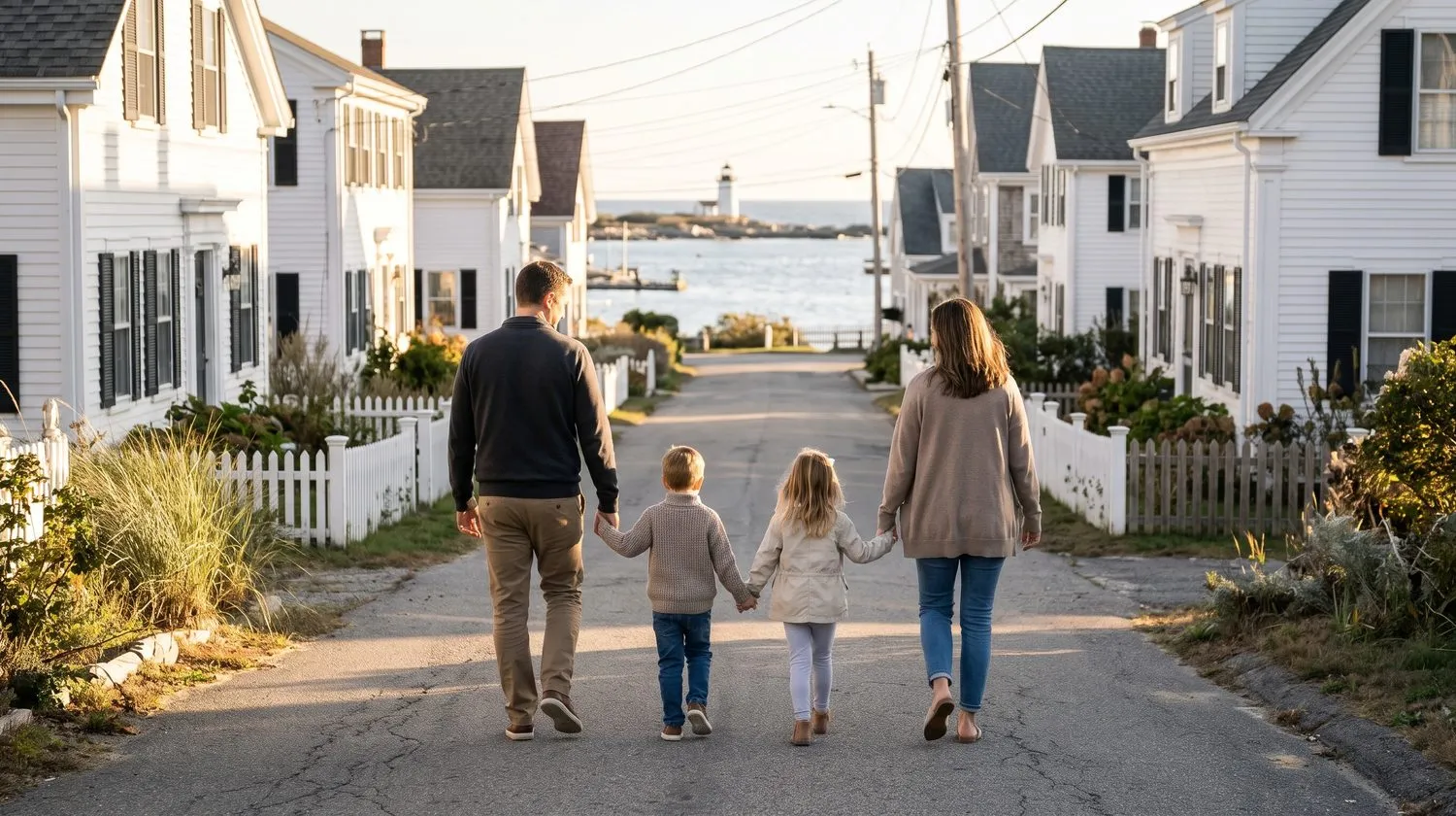 Massachusetts veteran benefits 2026 - a family walks toward a harbor lighthouse past white clapboard houses