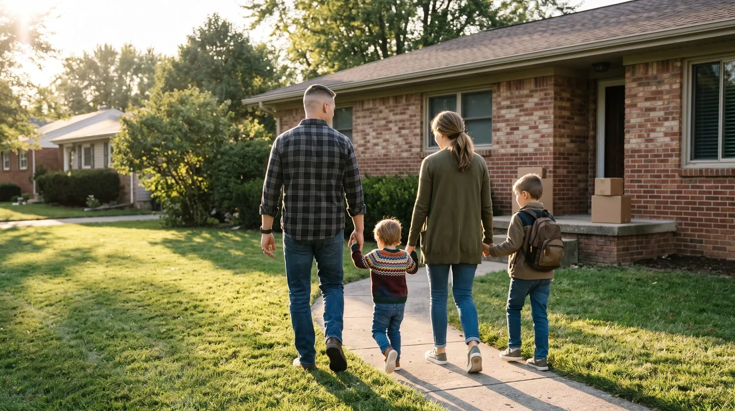 A young family walking hand in hand up the front path to their brick ranch house, with moving boxes stacked on the porch