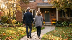 A couple in their fifties walk hand in hand up the stone path to their brick home on an autumn afternoon, seen from behind
