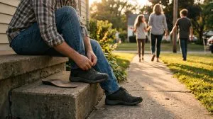 A man sitting on his front step ties his walking shoes, an orthotic insert beside him, as his family walks ahead