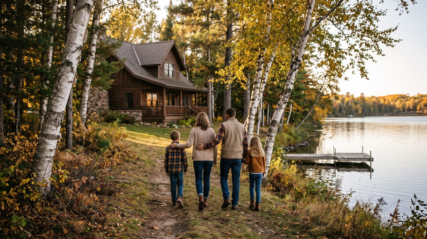 A family walks along a lakeside path through birch trees toward a log home in early autumn