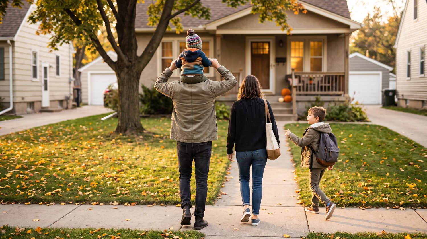A father carrying a toddler on his shoulders walks with his wife and young son toward their house on an autumn afternoon