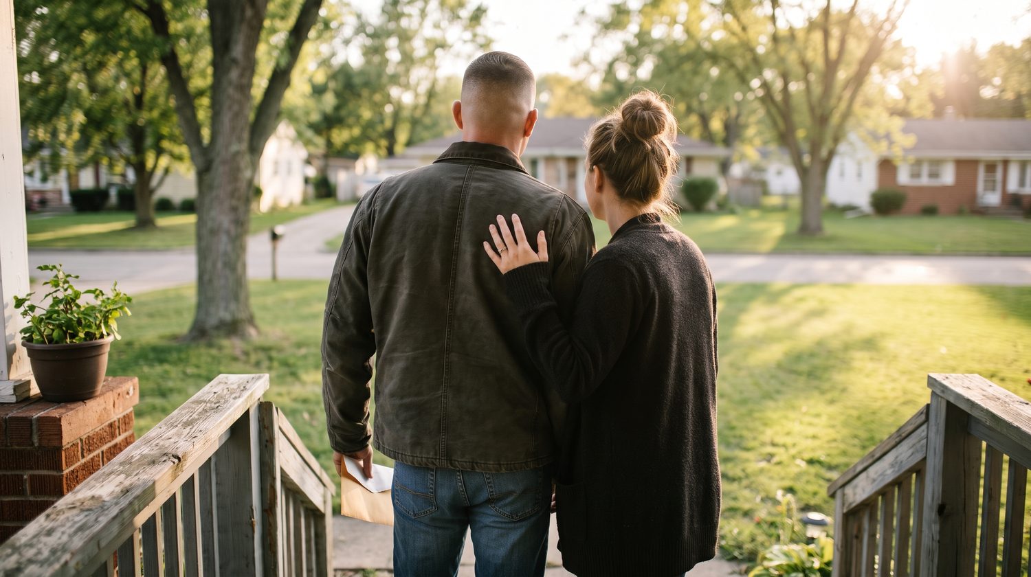 A couple stands on their front porch steps looking out at a tree-lined street, the man holding an opened envelope