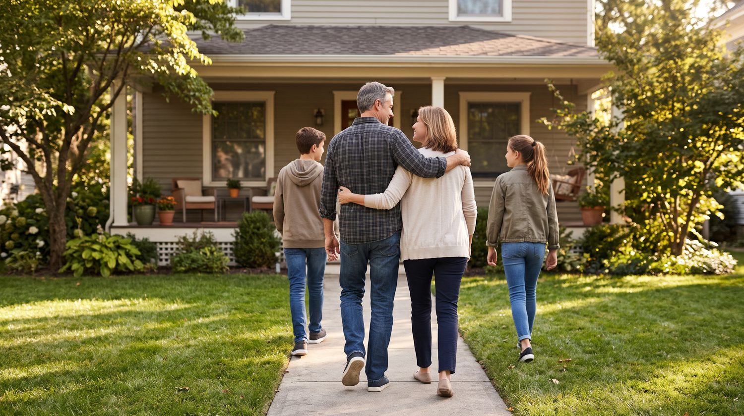 A man and his wife walk arm in arm up the front walk of their house with their two teenagers