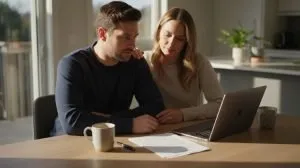 couple sitting at kitchen table using va loan funding fee calculator
