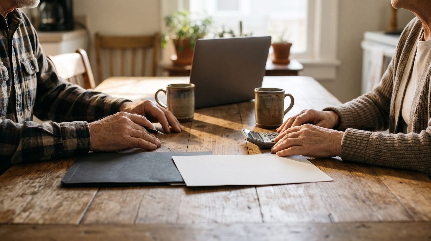 A couple sits at a kitchen table with a folder, a sheet of paper, a calculator, a laptop and coffee mugs