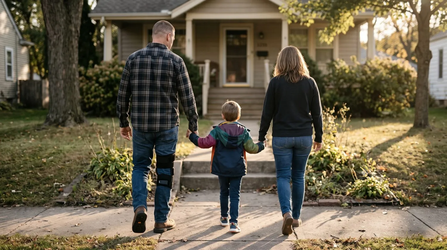 A man wearing a knee brace walks hand in hand with his son and wife up the path to their house