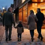 A grandfather holding a young grandchild's hand as their family walks toward a warmly lit neighborhood restaurant at dusk, autumn leaves on the sidewalk