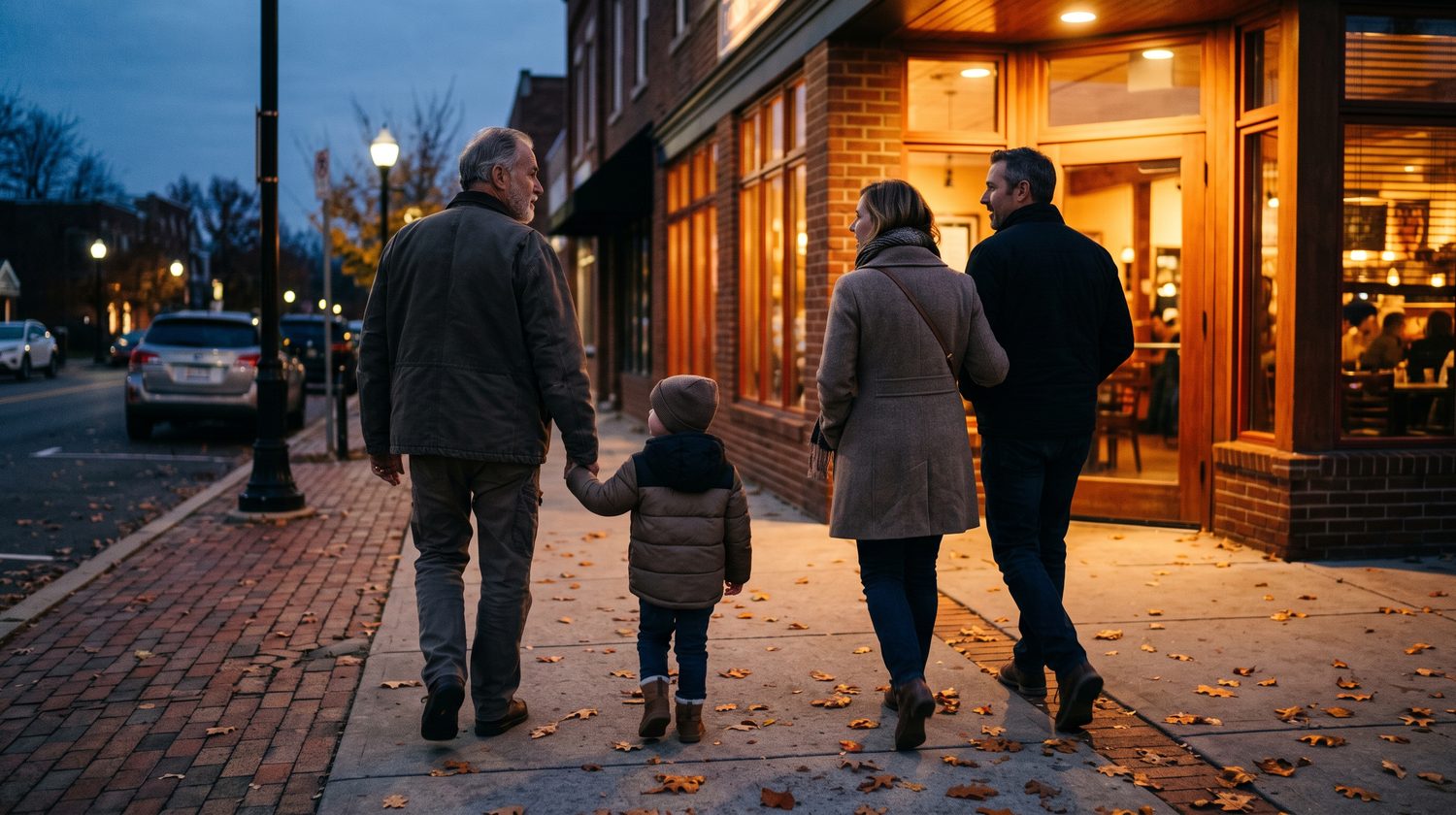 A grandfather holding a young grandchild's hand as their family walks toward a warmly lit neighborhood restaurant at dusk, autumn leaves on the sidewalk